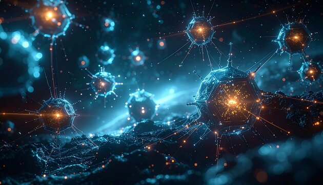 Glowing nanospheres with spiked surfaces connect via radiant lines in a dark digital matrix.