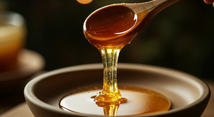 Golden honey being drizzled from a wooden spoon into a bowl