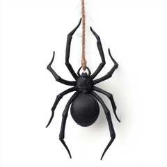 Obraz premium Black spider hanging on a string, white background cut out png