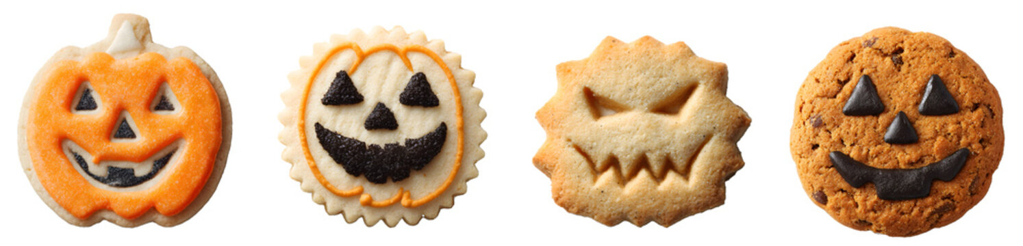 Scary and cute Halloween cookies isolated on white background, transparent PNG, cut out