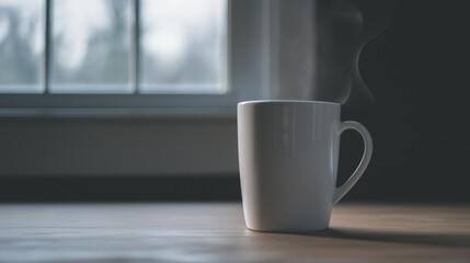 Fototapeta premium Minimal Matte White Ceramic Coffee Mug with Subtle Steam Rising, Placed on Light Wooden Surface, Soft Daylight from Window at Left