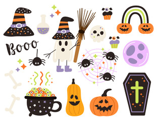 Illustration of Halloween stickers on a white background.