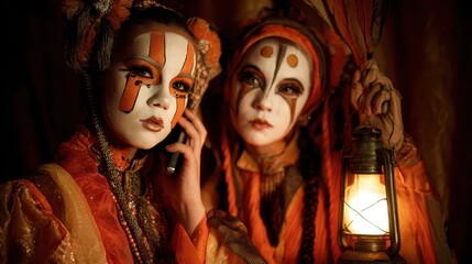 Traditional Costume Performance with Lanterns and Dramatic Makeup