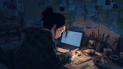 Focused Young Woman Working at Desk with Laptop and Art Supplies