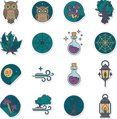 Enchanted Forest Halloween Vector Sticker Icons with Owl, Mushrooms, Potion, Lantern, and Magical Elements