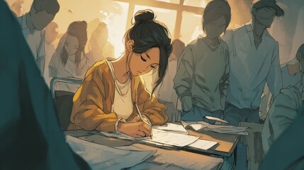 Focused Student in a Busy Classroom Taking an Exam or Writing Notes