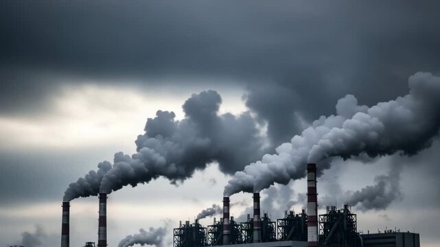 Industrial landscape with heavy pollution spewing from smokestacks against a cloudy sky, showcasing the environmental impact of manufacturing