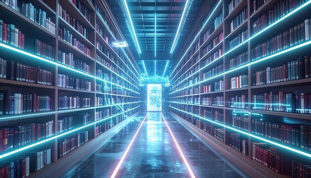 Neon-lit library corridor blends floating holograms with bookshelves, ending in a glowing portal.