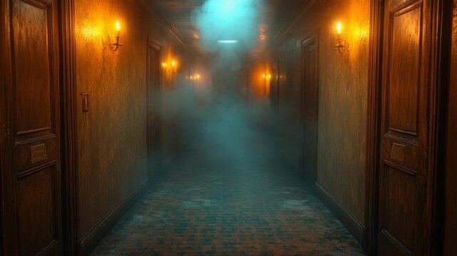 Eerie Foggy Hallway in an Abandoned Old Building.
