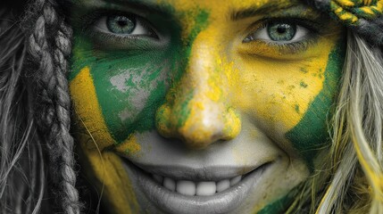 Close-Up Portrait of Smiling Face with Colorful Face Paint in Green Yellow
