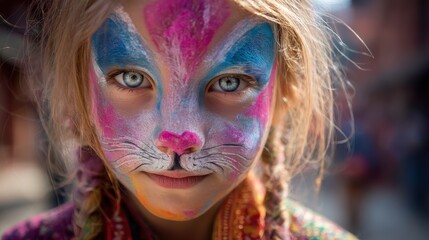 Young Girl with Colorful Face Paint as a Bunny Character