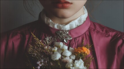 Elegant Portrait of Woman in Vintage Dress Holding Flower Bouquet