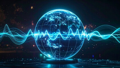 A glowing sphere pulses with waveforms in cosmic space, symbolizing sound, energy, and digital flow.