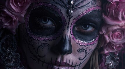Intricate Sugar Skull Makeup with Floral Headpiece Detail