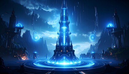 A radiant tower beams light from above, anchoring a futuristic city beneath dramatic sci-fi skies.