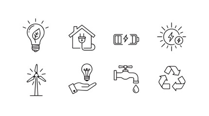 Hand drawn icons representing renewable energy sustainability and conservation concepts vector