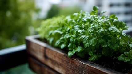 Fototapeta premium Close up of fresh vibrant green herbs growing in a rustic wooden planter box on a balcony bathed in bright daylight