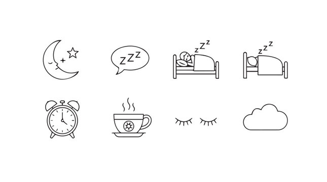 Whimsical hand drawn icons representing sleep rest relaxation morning routine and dreams vector