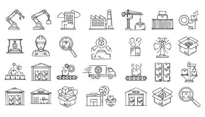 Vector art of collection of handdrawn icons representing industrial and manufacturing processes, including robots, factories, logistics, and quality control