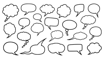 Vector art of collection of various handdrawn speech bubbles and thought clouds isolated on a, representing communication and ideas