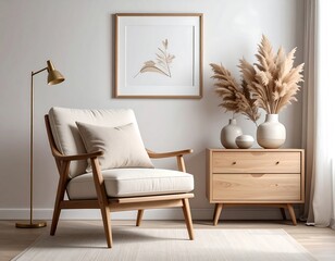Beige living room interior with armchair and decorative plants