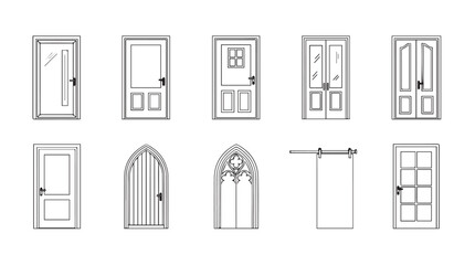 Collection of different architectural style front doors detailed line drawings set vector