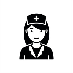 A clean glyph-style doctor icon in black and white, showing a smiling doctor with a stethoscope and medical cap, perfect for representing healthcare, medical staff, or hospital services