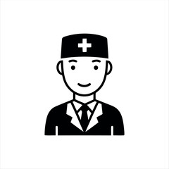 A clean glyph-style doctor icon in black and white, showing a smiling doctor with a stethoscope and medical cap, perfect for representing healthcare, medical staff, or hospital services
