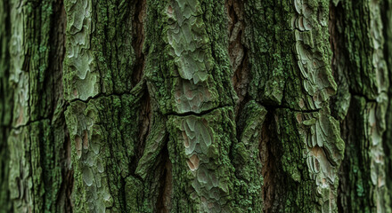 Obraz premium Close-up of textured tree bark with green moss, showcasing the beauty of nature and organic patterns