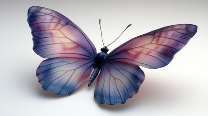 Fototapeta premium Colorful iridescent butterfly with glowing spots on wings against light background