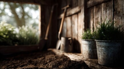 Obraz premium Rustic garden shed interior with shovels watering can and potted plants bathed in soft natural light