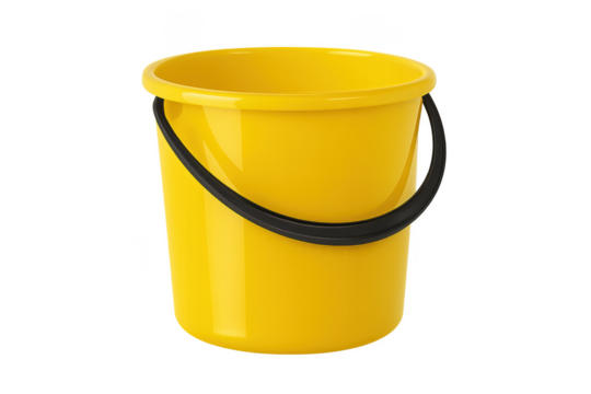 Yellow plastic bucket with handle for cleaning households