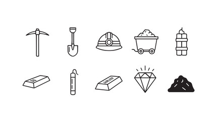 Mining industry equipment and resources icons set for exploration and extraction vector