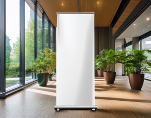 pull up banner mockup stands in a stylish building hallway blank roll up display for promotional or marketing content in a sustainable interior