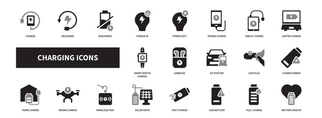 Charging icon set. Containing battery, plug, power bank, usb, station, and energy icons. Solid icon collection.