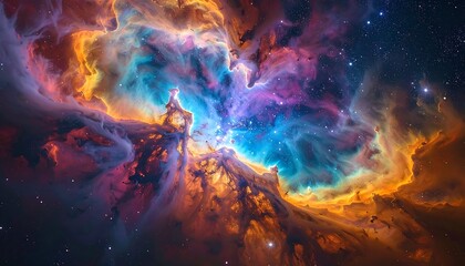 An expansive, colorful cosmic nebula showcases vibrant hues of orange, yellow, blue, and purple. Dust clouds and interstellar gas define its nebulous form