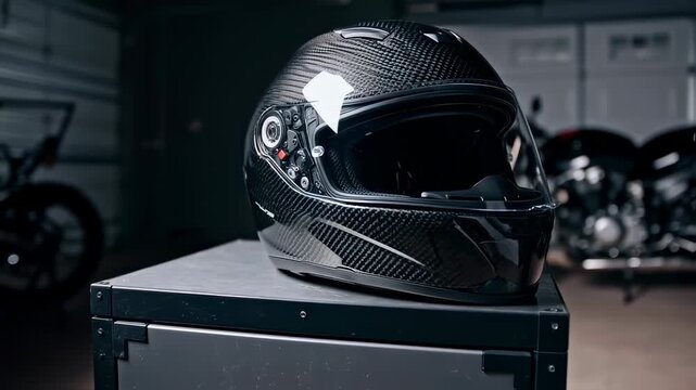 Black motorcycle helmet on a box in a garage setting.