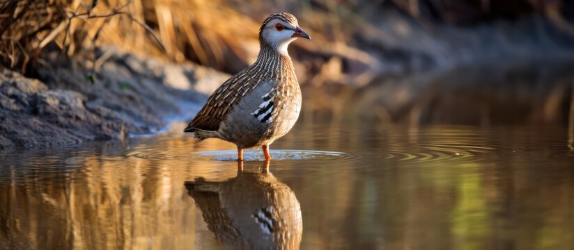A beautiful duck standing in a shallow pond, with its reflection visible in the still water, surrounded by a natural environment with trees and plants.
