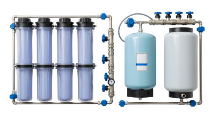 Water Filtration System with Blue Filter Cartridges and Pressure Gauges in Clean Modern Setting