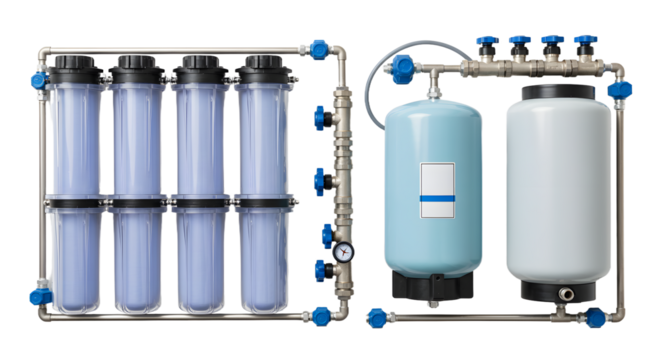 Water Filtration System with Blue Filter Cartridges and Pressure Gauges in Clean Modern Setting