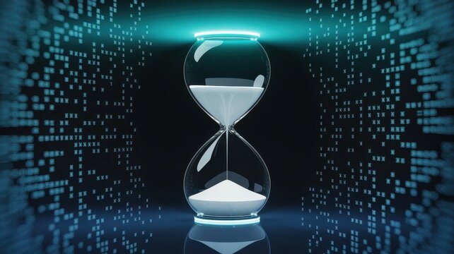 Time's Flow: A mesmerizing image of an hourglass, its ethereal form illuminated against a backdrop of digital code.