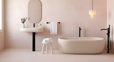 Fototapeta premium Modern bathroom design featuring a freestanding bathtub and elegant sink