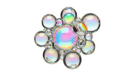 Colorful soap bubbles arranged in a flower shape, showcasing iridescent reflections on a white background