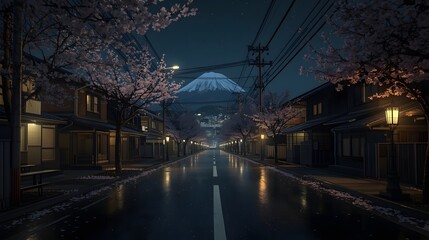 Fototapeta premium Rainy night street scene with cherry blossoms and lanterns