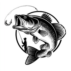 Fototapeta premium Fishing illustration angler with fish graphic in monochrome style