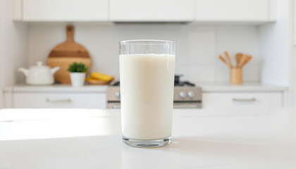 Glass of fresh milk on light kitchen table, minimalist food photography.