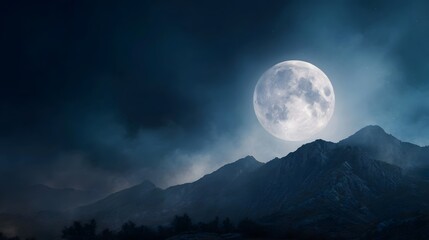 A luminous full moon rises majestically over a dark rugged mountain range under a cloudy night sky