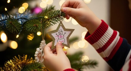 Joyful multi-ethnic family decorates their beautifully lit Christmas tree, creating lasting holiday memories in their cozy living room filled with festive cheer and warmth