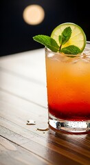 Colorful layered cocktail drink on a table.