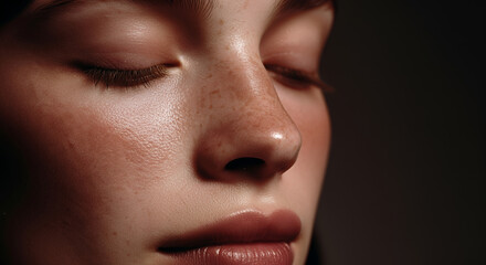 Fototapeta premium Close-up of a female face showcasing natural freckles and smooth skin in soft lighting